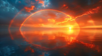 A tranquil ocean scene with a sunset, clouds, and a rainbow reflected on the water, ai generated,