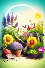 Illustrated cheerful garden scene with bright flowers and a watering can, Spring garden background