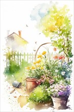 Artistic watercolor painting of a serene cottage garden with potted plants and a vintage feel,