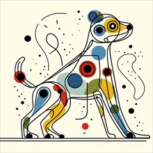 Playful abstract geometric design of a colorful dog with various shapes, continuous line art,