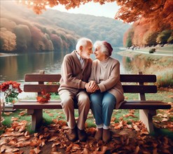 An elderly couple, old lovers sit hand in hand on a park bench and look at each other tenderly, AI
