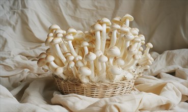 Shimeji mushrooms in a wicker basket on a white background. AI generated