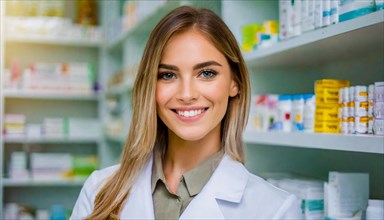 AI generated, A young pharmacist in her pharmacy, portrait, 30, 35, years, female, blonde, blond,