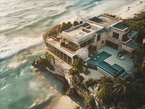 Luxurious villa perched on a cliff overlooking a serene turquoise ocean at sunset, Playa del Carmen