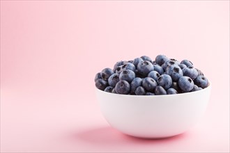Fresh blueberry in white bowl on pink background. side view, copy space