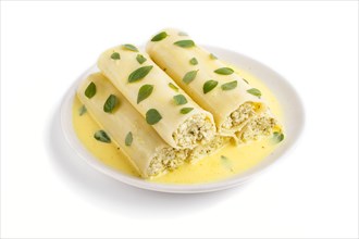Cannelloni pasta with egg sauce, cream cheese and oregano leaves isolated on white background. side