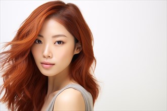 Pretty young Asian woman without makeup with red dyed hair. KI generiert, generiert AI generated