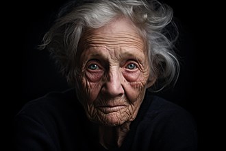 Wrinkled face of sad very old woman. KI generiert, generiert AI generated