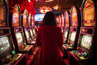 Back view of woman in casino room with gambling slot machines with colorful lights. KI generiert,