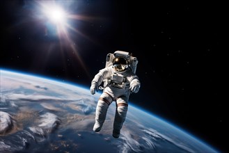 Astronaut Floating Above Earth in Space with extravehicular mobility unit and backpack. Wonder and