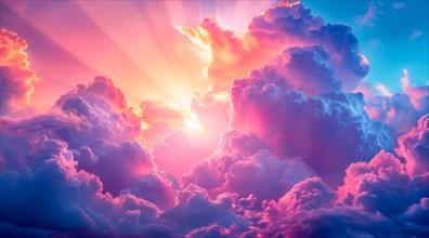 A serene skyscape featuring a sunset among clouds with radiant beams of warm colors, ai generated,