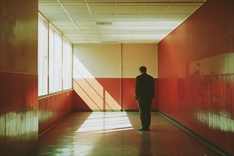 Man standing and not walking in a hallway of an office building, AI generated