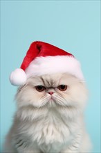Funny Persian cat with Santa Claus hat in front of blue background. KI generiert, generiert AI