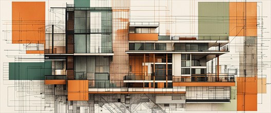 Artistic representation of a modern residential building with a blend of sketch and green orange