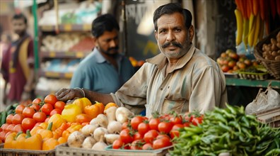 Market vendor with a mustache selling fresh vegetables, with a focused expression, ai generated, AI