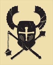 Teutonic knight helmet, mace and flail symbol, vector grunge effect