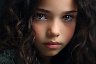 Portrait of young female child with dark curly hair. KI generiert, generiert AI generated