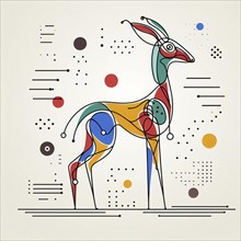 Stylized geometric abstract of a colorful deer with modern art influences, continuous line art,