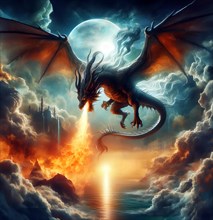 A fire-breathing dragon flies in the sky, symbolic image fantasy, fantasy, fairy tale, myth,