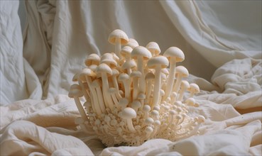 Shimeji mushrooms on white fabric background. Shimeji mushrooms. AI generated