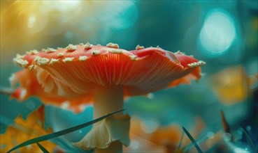 Mushroom in the forest, close-up, macro photography. fly agaric on a blue background AI generated
