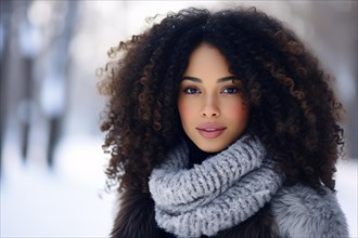 Young beautiful african american black woman with curly dark hair and winter clothes in snow. KI