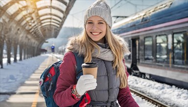 AI generated, A young blonde woman wants to travel and waits for the train at the station, 20, 25,