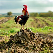 A proud, colourful rooster, standing on a molehill and looking into the surroundings, AI generated,