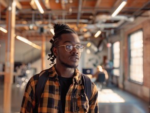 Man with dreadlocks and glasses wearing a plaid shirt, standing indoors with warm lighting,