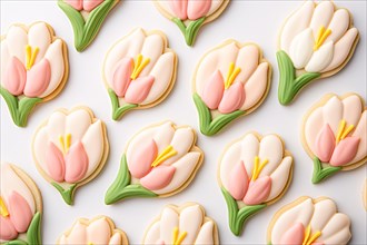 Top view of seasonal spring flower cookies with sugar icing. KI generiert, generiert AI generated