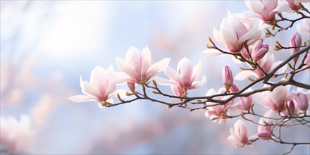 Banner with beautiful blooming Magnolia tree with pink flowers. KI generiert, generiert AI