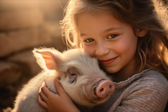 Young girl child hugging piglet. KI generiert, generiert AI generated
