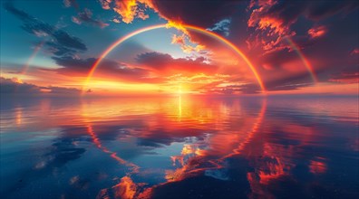 Radiant sunset under a surreal double rainbow with reflections on the ocean, ai generated, AI