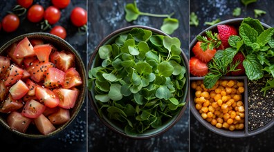 Bowls with fresh tomatoes, microgreens, and chickpeas arranged side by side, ai generated, AI