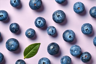 Blueberry fruits on pastel violet background. KI generiert, generiert AI generated