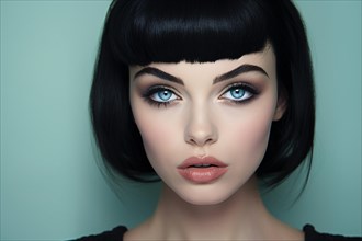 Portrait of beautiful young woman with short black hair with bangs, blue eyes and dark eye bakeup.