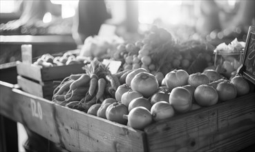 Fresh vegetables and fruits at the farmers market. Black and white photo AI generated