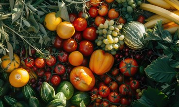 Tomatoes background. Top view of different varieties of tomatoes. Vegetables background. AI