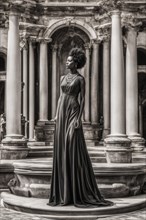 Woman in a flowing gown posing amidst historic columns in Rome Italy, AI generated