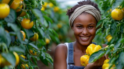 Smiling woman holding fresh yellow bell peppers in a greenhouse, ai generated, AI generated
