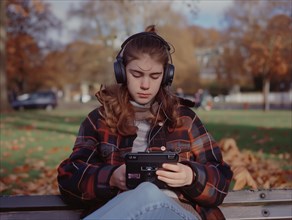 Serene young woman with headphones plays a handheld gaming console on a park bench in autumn, girl