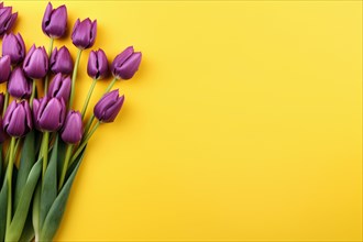 Purple tulip spring flowers on side of yellow background with copy space. KI generiert, generiert