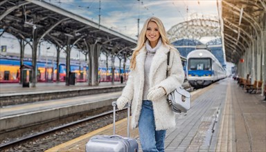 AI generated, A young blonde woman wants to travel and waits in the station for the train, 20, 25,