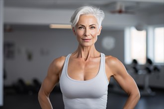 Fit toned middle aged woman with short gray hair and toned arms in fitness studio. KI generiert,