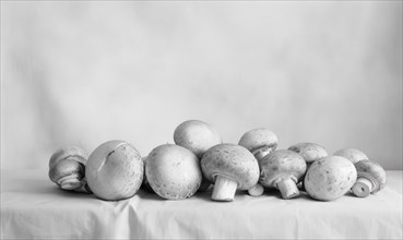 Fresh champignon mushrooms on a white background with copy space AI generated