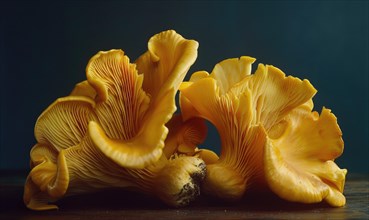 Yellow chanterelle mushrooms on a dark background close-up AI generated