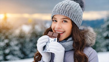KI generated, Young girl, 15, years, eating a bar of chocolate, one person, outdoor shot, ice,