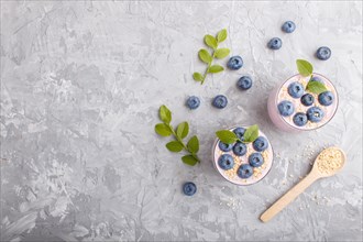 Yoghurt with blueberry and sesame in a glass and wooden spoon on gray concrete background. top