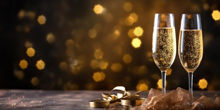 New Year's eve celebration banner with champagne glasses and golden star bokeh lights in front of