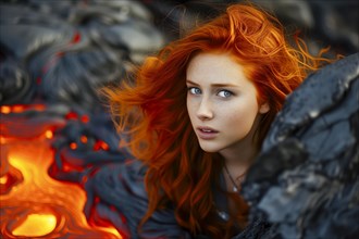 A woman with bright red hair next to flowing lava looks intensely into the camera, AI generated, AI
